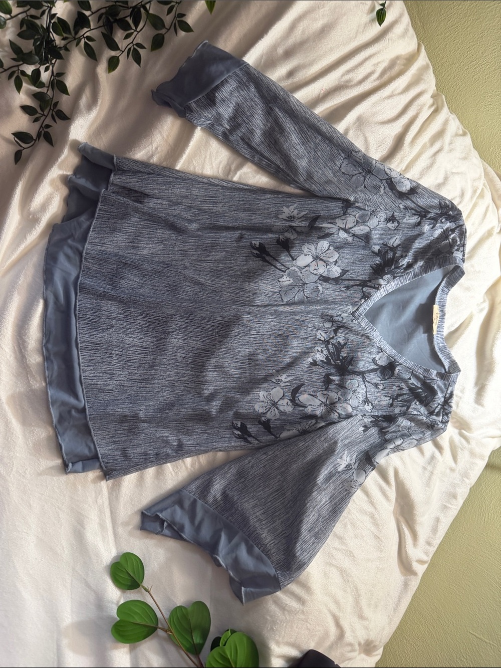 Light Blue Floral V-Neck Blouse with Contrast Trim